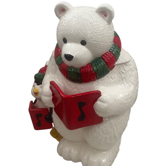 Vintage Caroling Polar Bear & Penguin Christmas Cookie Jar Ceramic W/Box CELLAR - Picture 12 of 16